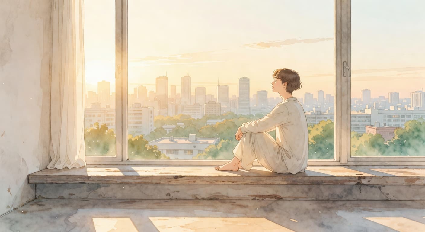 A person sitting at a window during golden hour, looking out at the city with quiet hope